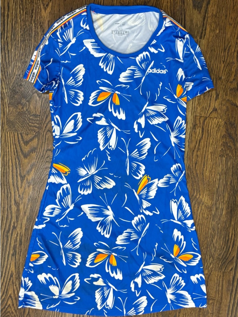 adidas Butterfly Print Logo Striped  Dress Blue White Orange XS Women